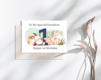 Personalised farm animals 1st Birthday Card, Custom Animals Birthday Card, First Birthday Card Son 1st Birthday Card, grandson, nephew