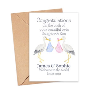 Carte personnalisée de jumeaux cigogne, carte de jumeaux de bébé, carte de bébé jumeaux cigogne, carte de félicitations bébé jumeaux, garçons filles
