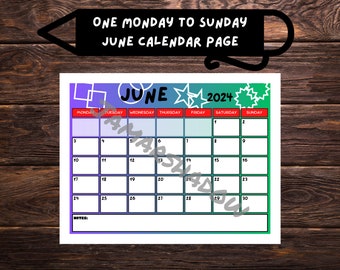 2024 Juni Einzelmonat Kalender Seite Druckbare PDF Digitaler Download