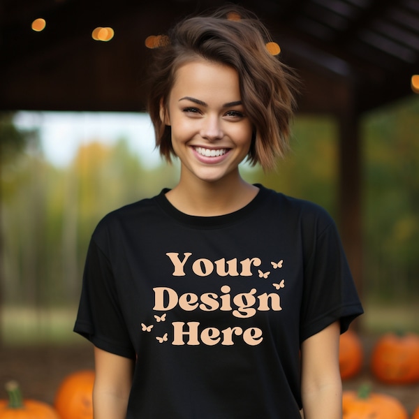 Bella Canvas 3001 Halloween Young Woman, Black T Shirt Mockup Apparel Casual Wear, Trendy Mockup Studio Mockup Fall Fashion