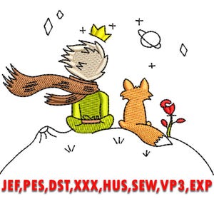 May include: Embroidered design of The Little Prince with a crown, a scarf, and a fox. The prince is sitting on a hill with the fox beside him. The design is in shades of brown, yellow, and red.