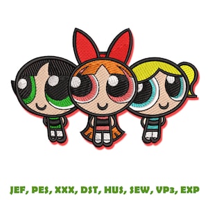 Puede incluir: Diseño bordado con tres personajes de dibujos animados con ojos grandes y caras sonrientes. Los personajes tienen contornos negros, uno en verde, uno en rojo y otro en amarillo. El texto "JEF, PES, XXX, DST, HUS, SEW, VP3, EXP" está en la parte inferior.