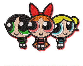 May include: Embroidered design of three cartoon characters with large eyes and smiling faces. The characters have black outlines, with one in green, one in red, and one in yellow. The text "JEF, PES, XXX, DST, HUS, SEW, VP3, EXP" is at the bottom.