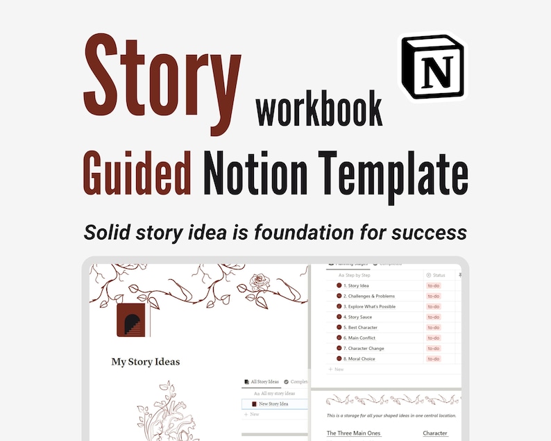 May include: A digital workbook titled "Story workbook Guided Notion Template" with a white background. The text "Solid story idea is foundation for success" is below the title. The image shows a Notion template with story ideas.
