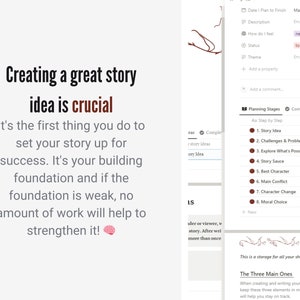 May include: A digital planning interface with the text "Creating a great story idea is crucial." The interface includes a to-do list with story planning stages, such as "Story Idea" and "Challenges & Problems."