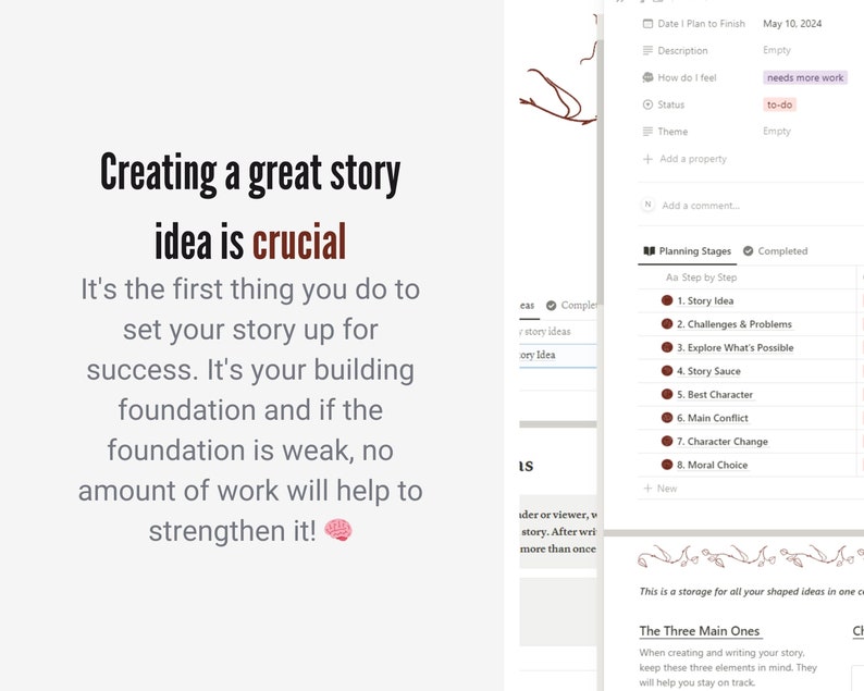 May include: A digital planning interface with the text "Creating a great story idea is crucial." The interface includes a to-do list with story planning stages, such as "Story Idea" and "Challenges & Problems."