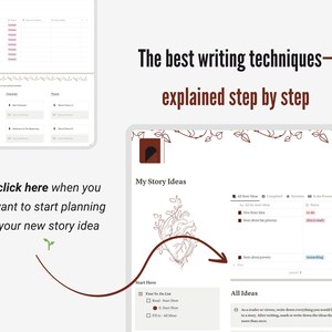 May include: A digital interface with the text "The best writing techniques - explained step by step." The interface includes story planning tools, with the prompt "click here when you want to start planning your new story idea."
