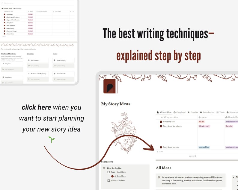 May include: A digital interface with the text "The best writing techniques - explained step by step." The interface includes story planning tools, with the prompt "click here when you want to start planning your new story idea."