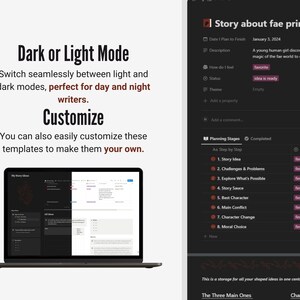May include: A laptop screen displays a writing template with light and dark mode options. Text on the screen includes "Story about fae princess" and "Customize." The template is designed for writers, offering a customizable interface.