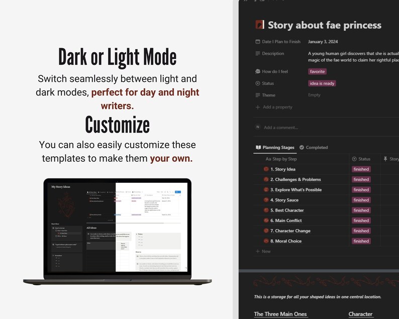 May include: A laptop screen displays a writing template with light and dark mode options. Text on the screen includes "Story about fae princess" and "Customize." The template is designed for writers, offering a customizable interface.
