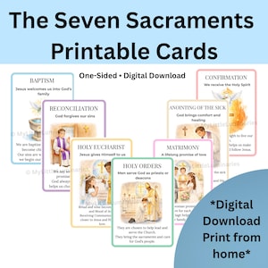 Op de afbeelding: Een set afdrukbare kaarten met de titel "De Zeven Sacramenten". Elke kaart bevat een illustratie en tekst die een sacrament beschrijft, waaronder Doop, Verzoening, Heilige Eucharistie, Heilige Orden, Vormsel, Ziekenzalving en Huwelijk. Digitale download.