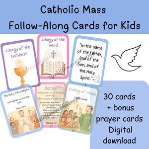 Tarjetas imprimibles para seguir la misa católica para niños / Más de 30 tarjetas / Incluye Padrenuestro y tarjetas de oración, educación en casa, clases de formación en la fe