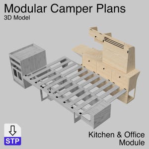 May include: 3D model of modular camper plans. The image shows a light wood kitchen and office module with drawers, a bed frame, and a cabinet. The text on the image reads "Modular Camper Plans" and "Kitchen & Office Module".