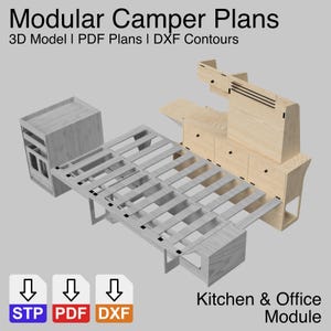 May include: A 3D model of a modular camper kitchen and office module. The design includes a bed frame, cabinets, and a kitchen unit. The image also shows the file types available: STP, PDF, and DXF.