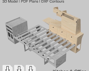 以下が含まれることがあります： キャンピングカー用のモジュール式キッチンとオフィスモジュールの3Dモデル。デザインには、ベッドフレーム、キャビネット、キッチンユニットが含まれています。画像には、STP、PDF、DXFファイルのアイコンも表示されています。画像には「Modular Camper Plans」と書かれています。