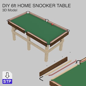May include: A 6ft home snooker table, 3D model, with a green felt playing surface, brown wooden frame, and a red snooker ball. The table is supported by light-colored wooden legs. The image includes the text "DIY 6ft HOME SNOOKER TABLE".