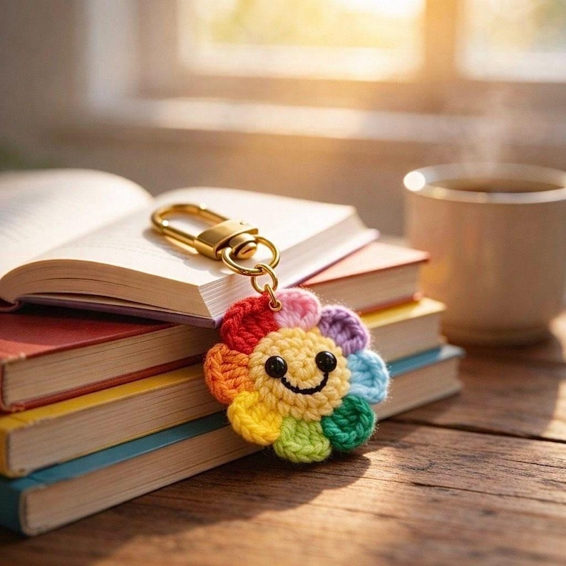 Puede incluir: Un llavero de girasol tejido a ganchillo con colores del arco&iacute;ris y un cierre dorado descansa sobre una pila de libros. El llavero tiene una cara sonriente y p&eacute;talos de arco&iacute;ris. Una taza de caf&eacute; est&aacute; cerca sobre una superficie de madera.