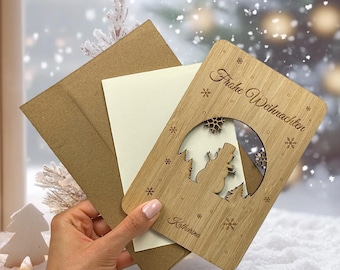 Personalized bamboo greeting card - complete set - wooden greeting card, Christmas gift, Christmas greeting card, snowman card - Christmas card