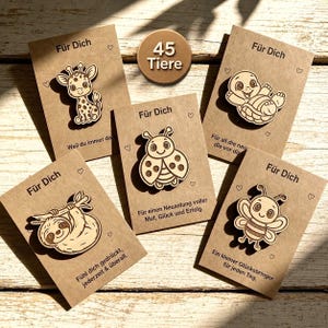 Glücksbringer Abschiedsgeschenk Pocket Hug Mutmacher – kleines Geschenk zum Geburtstag, Einschulung für Kinder & Freunde – Tiere aus Bambus