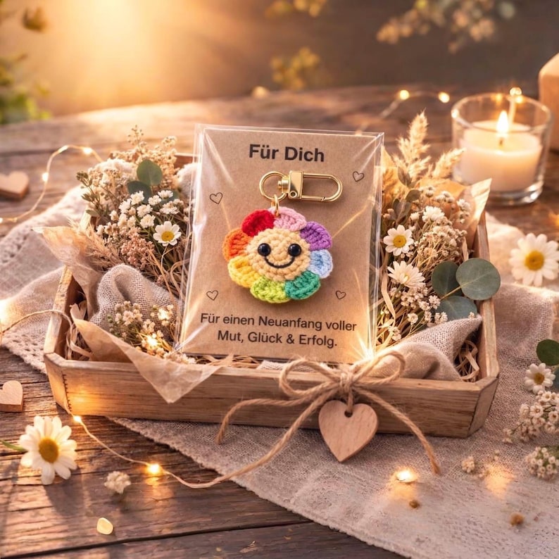 Puede incluir: Un llavero de flores de ganchillo colorido con una cara sonriente, presentado en una peque&ntilde;a bandeja de madera con flores secas y una vela encendida. El llavero est&aacute; unido a una tarjeta con texto en alem&aacute;n.