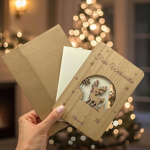 Weihnachtsgeschenk aus Bambus - Geschenk -  Holzgrußkarte - Personalisierbar - Weihnachtsgrußkarte Holzkarte - Weihnachtskarte - Komplettset