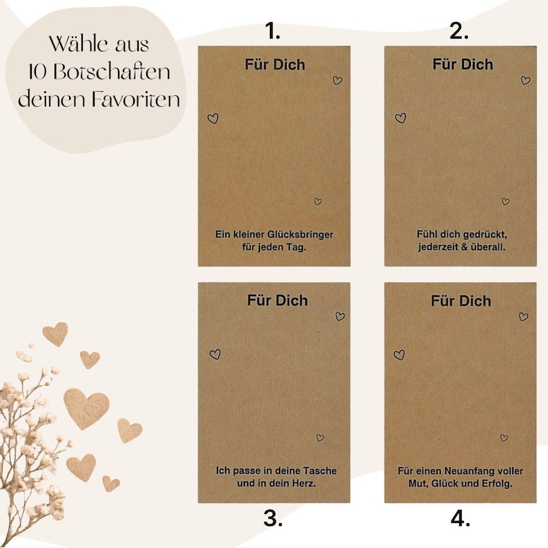Puede incluir: Cuatro tarjetas de papel kraft con ilustraciones de corazones y texto en alem&aacute;n. Las tarjetas est&aacute;n etiquetadas como "F&uuml;r Dich" y presentan mensajes como "Un peque&ntilde;o amuleto de la suerte para cada d&iacute;a."