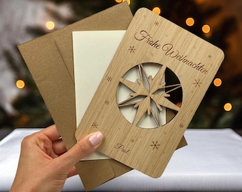 Engraved bamboo Christmas card - Complete set - Wooden greeting card - Christmas gift - Star-shaped Christmas greeting card - Personalizable