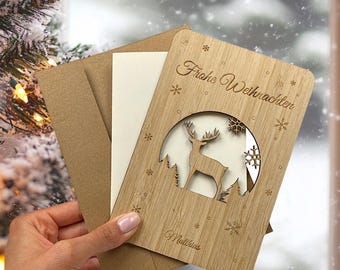 Personalized bamboo Christmas card with name - wooden greeting card - Christmas gift - Christmas greeting card with deer design - personalized