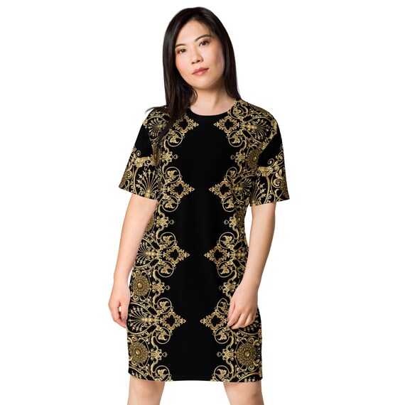 Lacie Lace Golden, Comfy T-shirt dress, Black & Gold, Regular + Plus Sizes up to 6XL,