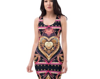 Puede incluir: Un vestido negro sin mangas con un patrón geométrico rosa y dorado. El patrón presenta un corazón grande con detalles ornamentados.