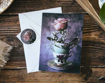 Pink Rose and Baby’s Breath in Vintage Teacups Fine Art Photo Greeting Card With Sticker Seal | Blank Inside | Any Occasion