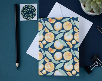 Watercolor Satsuma Oranges Pattern Greeting Card With Sticker Seal| Blank Inside