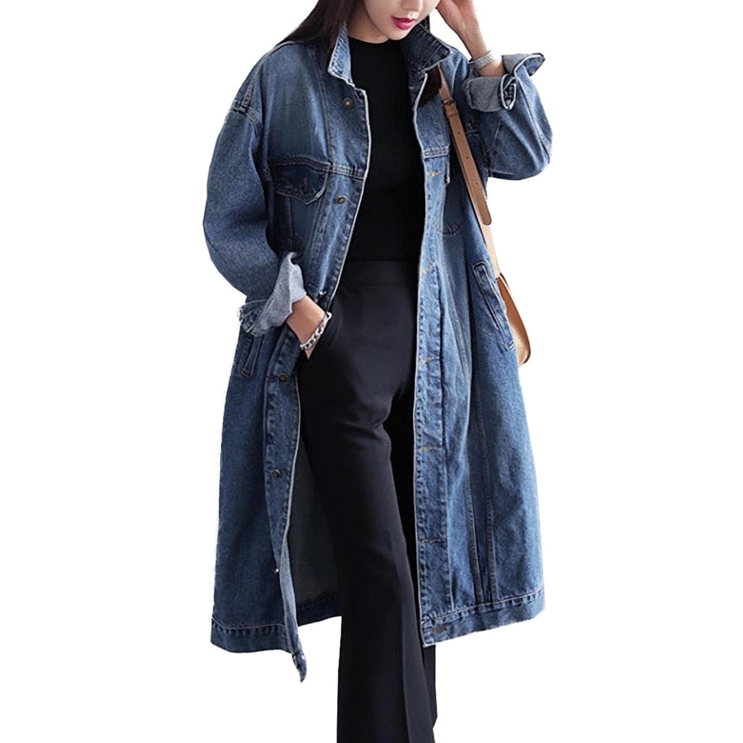 Women's Classic Long Denim Trench Coat With Loose Fit and Etsy