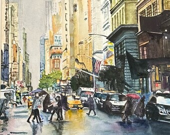 New York City 5th Avenue on a Rainy Day Watercolor Giclee Prints | Watercolor Paintings Canvas, Metal Print | 3 Frame Options