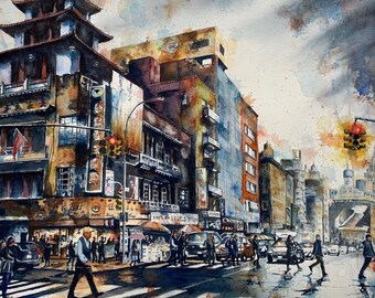Rainy Chinatown in New York City Watercolor Giclee Prints | Watercolor Paintings Canvas, Metal Print | 3 Frame Options