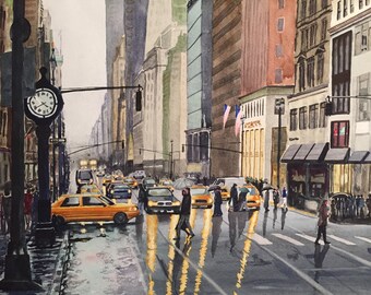 NYC Clock on Park Ave  | Watercolor Giclee Prints | Custom Watercolor Paintings, Canvas, Stretched, & Metal Prints | 3 Frame Options