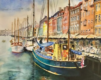 Nyhavn Canal, Copenhagen Denmark Watercolor Giclee Prints | Custom Watercolor Paintings, Canvas, Stretched, & Metal Prints | 3 Frame Options