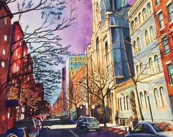 New York City Purple Fall Watercolor Giclee Prints | Custom Watercolor Paintings, Canvas, Stretched, & Metal Prints | 3 Frame Options