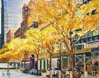 Autumn Leaves on Park Avenue Giclee Prints | Custom Watercolor Paintings, Canvas, Stretched, & Metal Prints | 3 Frame Options