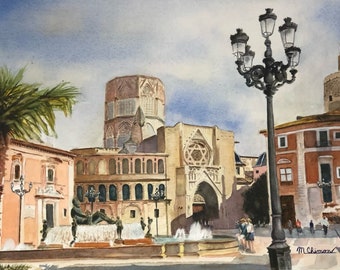 Plaza De La Virgen Valencia Spain Watercolor Giclee Prints | Watercolor Paintings Canvas, Metal Print | 4 Frame Options