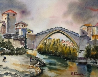 Stari Most Old Bridge in Mostar, Bosnia & Herzegovina Watercolor Giclee Prints | Watercolor Paintings Canvas, Metal Print | 3 Frame Options