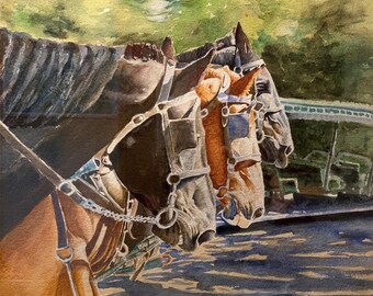 Three Carriage Horses  | Watercolor Giclee Prints | Custom Watercolor Paintings, Canvas, Stretched, & Metal Prints | 3 Frame Options