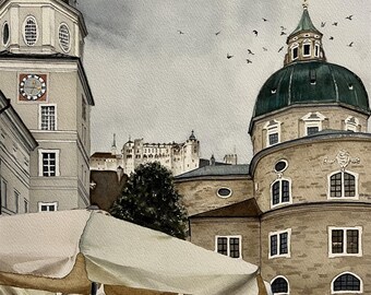 Salzburg Castle Austria | Watercolor Giclee Prints | Custom Watercolor Paintings, Canvas, Stretched, & Metal Prints | 3 Frame Options