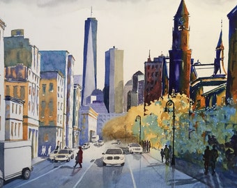 NYC Freedom Tower Abstract Watercolor Giclee Prints | Custom Watercolor Paintings, Canvas, Stretched, & Metal Prints | 3 Frame Options