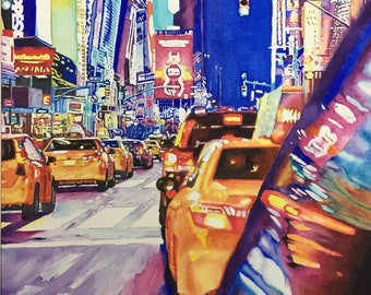 New York City Times Square Taxi's Watercolor Giclee Prints | Watercolor Paintings Canvas, Metal Print | 4 Frame Options