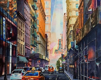 New York City Freedom Tower Landscape Watercolor Giclee Prints | Watercolor Paintings Canvas, Metal Print | 4 Frame Options