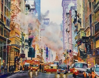 New York City Empire State Fog Watercolor Giclee Prints | Watercolor Paintings Canvas, Metal Print | 3 Frame Options