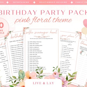Afdrukbare verjaardagsfeestjes voor haar | Roze bloemen | Pakket van 10 | Verjaardagsspelletjes voor haar | Verjaardagsfeestje