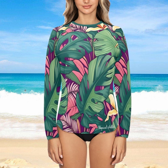 Women Rash Guard Long Sleeve Swim Shirt Tropical Addict 50 SPF Sun  Protection Fishing Shirt 