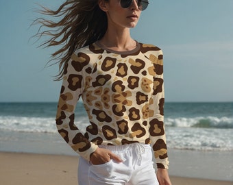 Top de natación de manga larga Camisa de agua de leopardo Camiseta con protección solar UV con estampado animal Ropa SPF para mujer